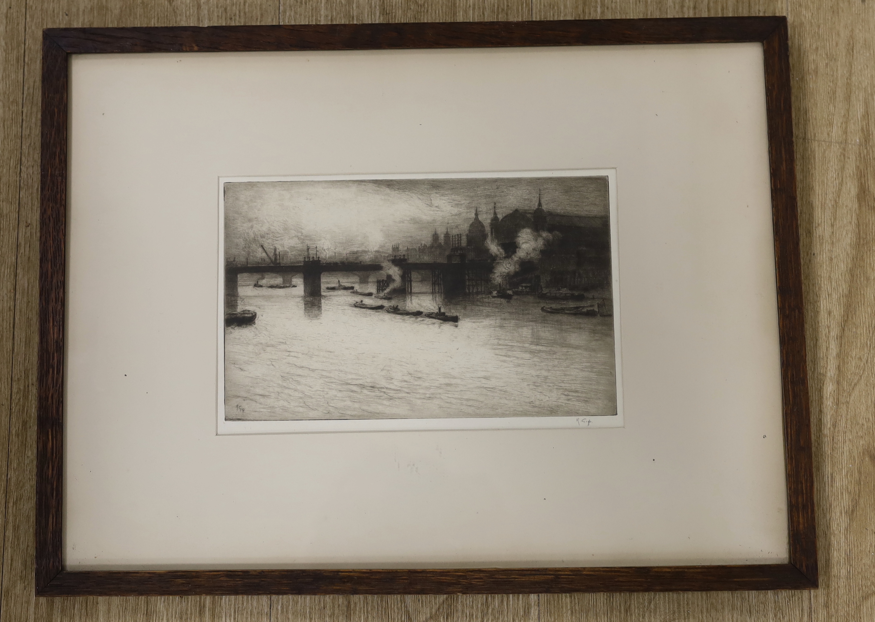 Robert Charles Goff (1837-1922), etching, 'Boats on the river Thames, Charing Cross', signed in pencil, label verso, 27 x 18cm